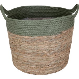Natur-grüner Übertopf Korb (Ø 27 cm) mit Griffen aus Naturgras und Stroh für den Innenbereich.