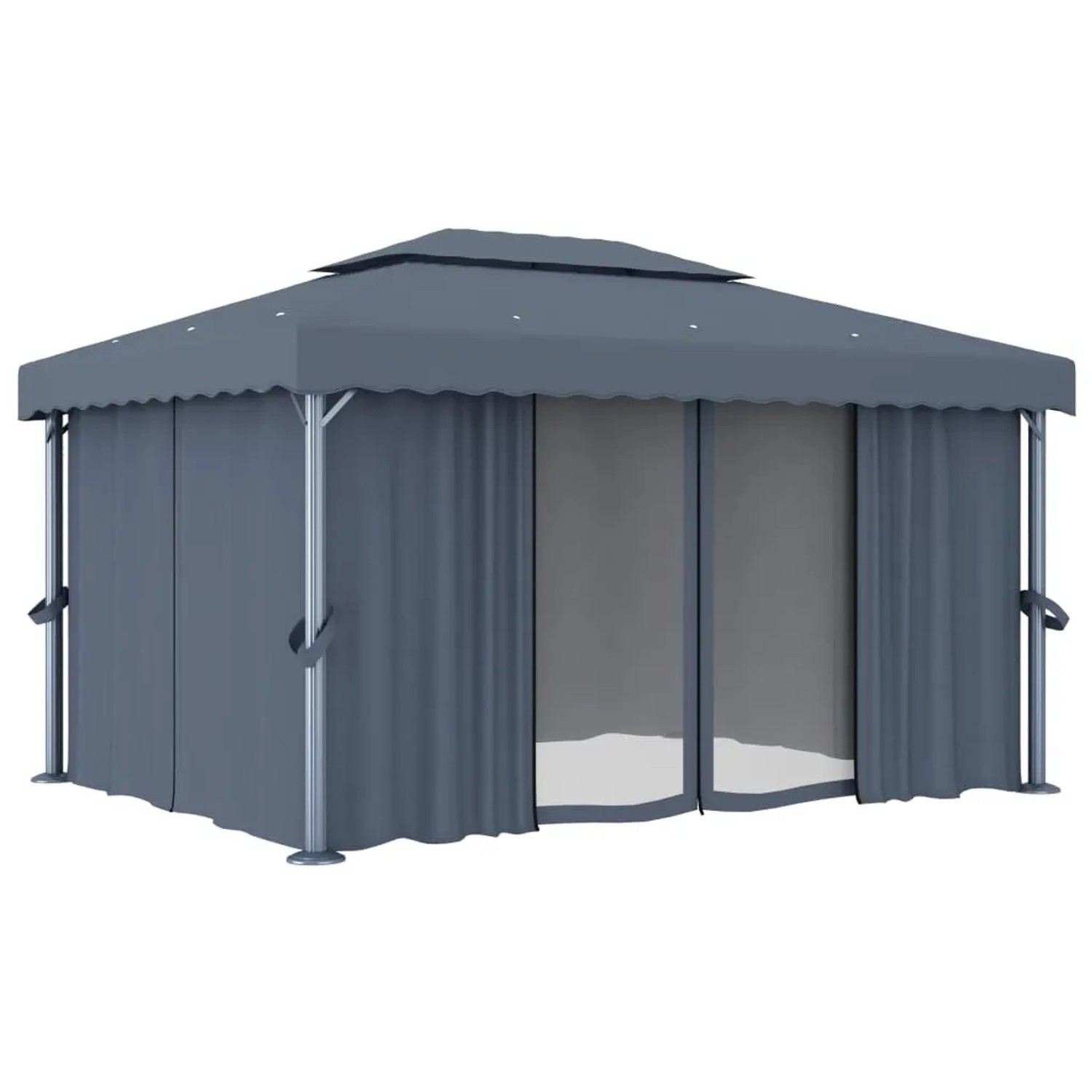 Anthrazit Pavillon 4x3m mit Vorhängen und LED-Lichterkette für Garten & Terrasse.