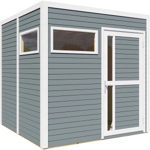 Bertilo Holz-Gartenhaus Cubus 2 in Hellgrau mit Fenster und Tür.