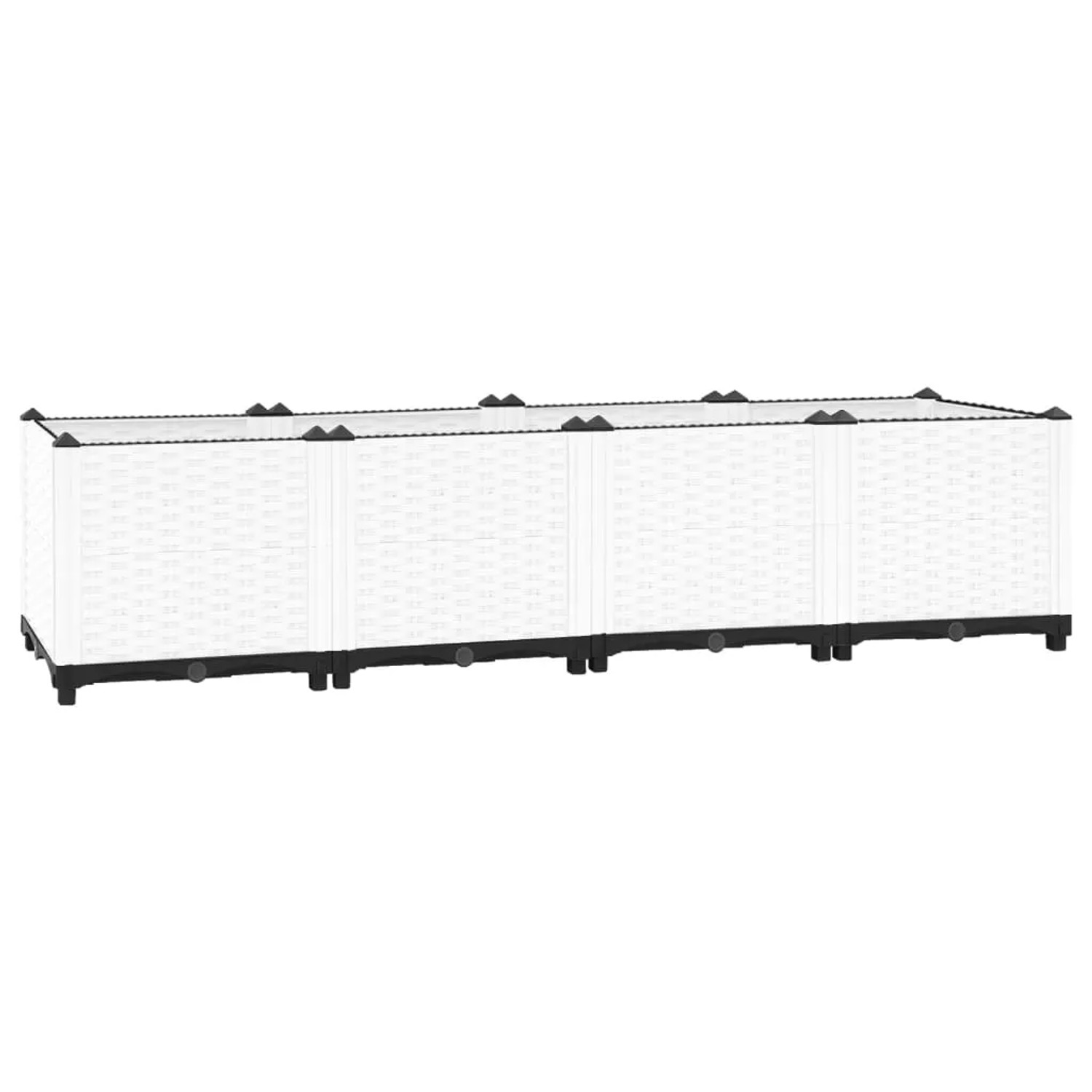 Weißes vidaXL Hochbeet (160x40x38 cm) aus Polypropylen mit Rattan-Optik.