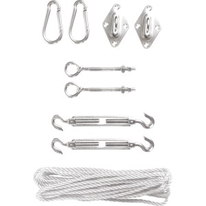 Perel Montagekit für Sonnensegel: Edelstahl-Zubehör mit Spannern, Haken, Augbolzen, Deckaugen, Karabinerhaken und Abspannleine.