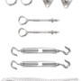 Perel Montagekit für Sonnensegel: Edelstahl-Zubehör mit Spannern, Haken, Augbolzen, Deckaugen, Karabinerhaken und Abspannleine.