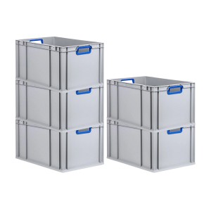 PROREGAL Spar Set: 5 graue Euroboxen (65L) mit blauen Griffen, gestapelt. Aufbewahrungsboxen für Lagerung und Transport.