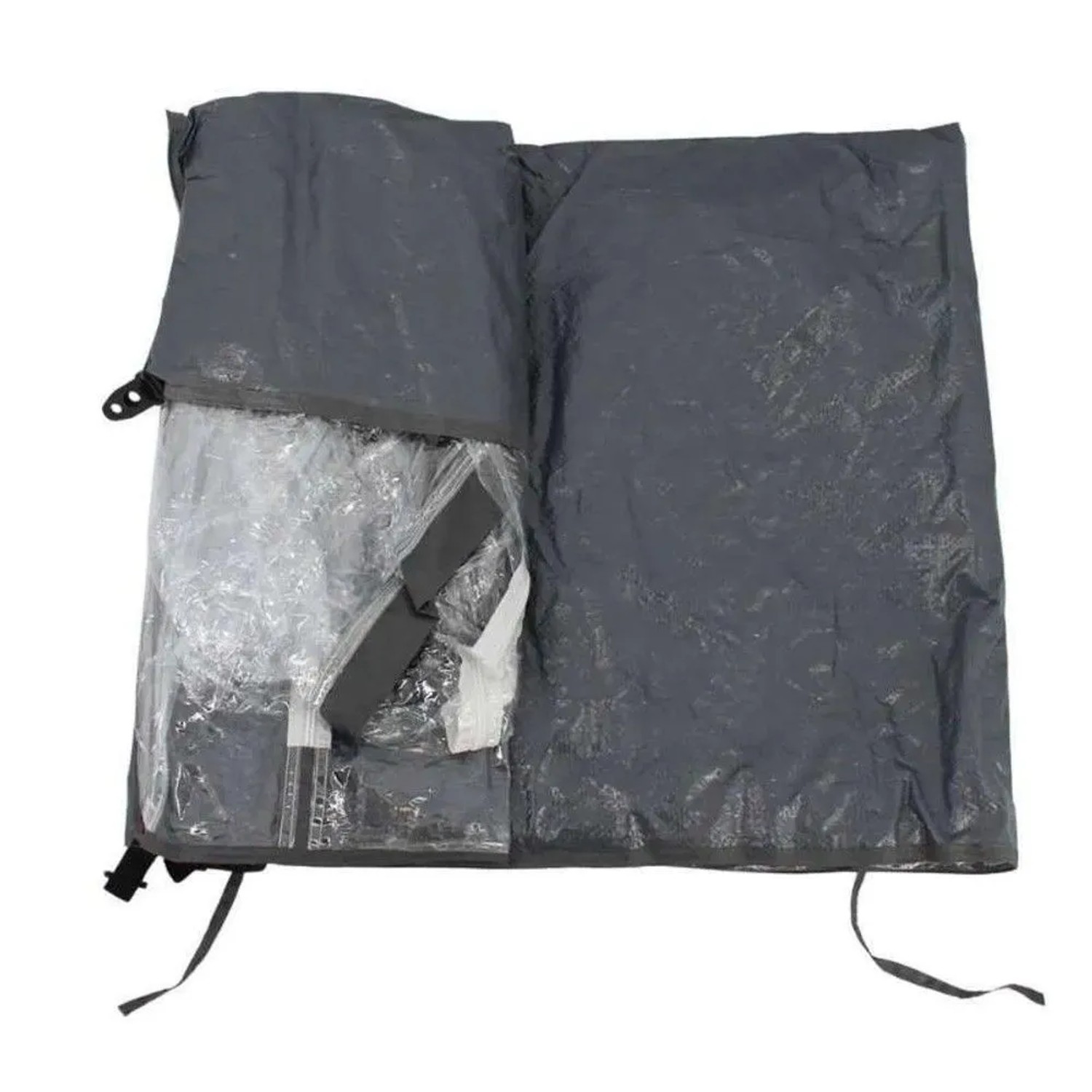 Gefaltetes Galaflor Pflanzenzelt in dunkelgrauer Tasche, transparentes PVC. Schutzhaus für Überwinterung und Gewächshaus.
