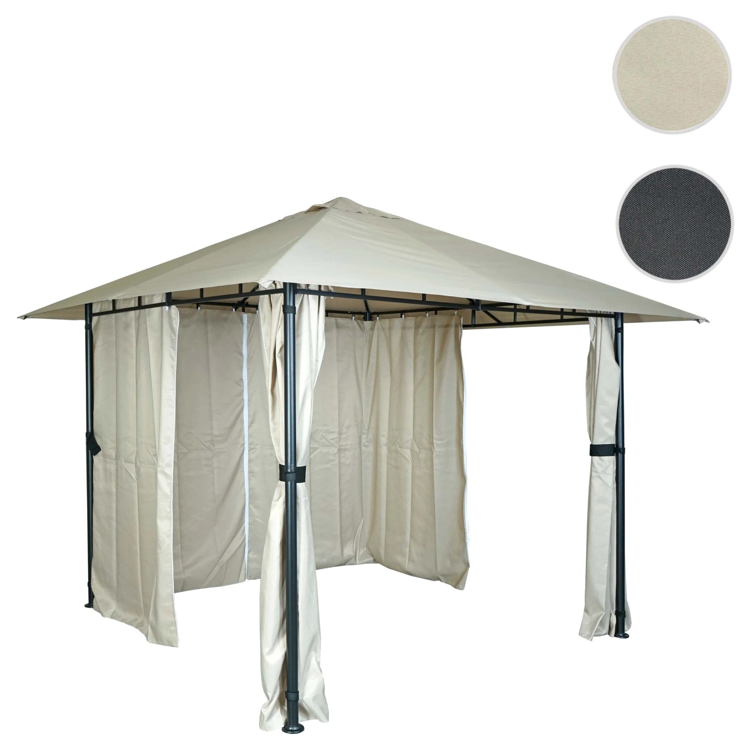 Creme-beige MCW Pergola J63 mit Dach und Seitenwänden als Terrassenüberdachung.