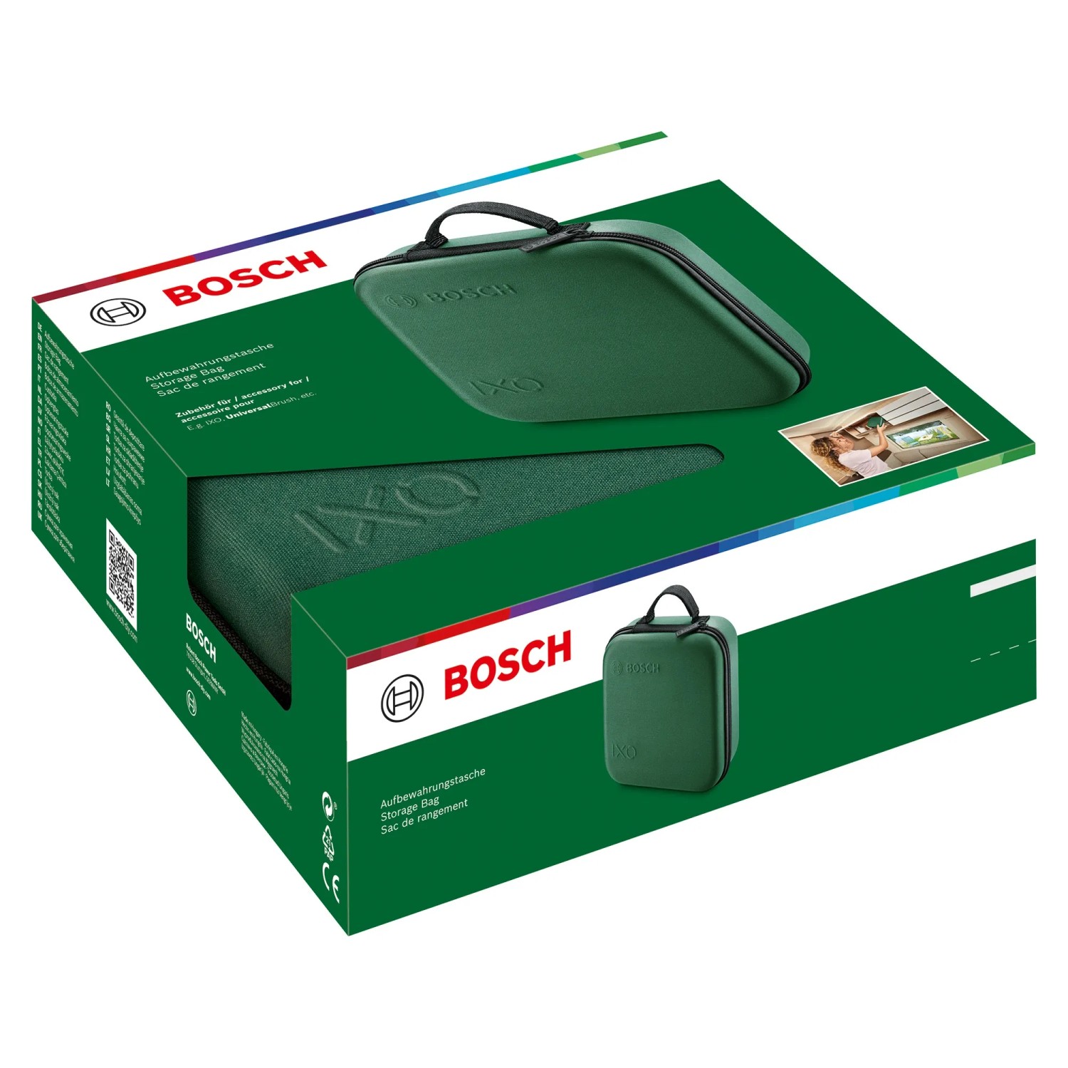 Bosch IXO Akku-Schrauber im Softbag mit 18-teiligem Zubehör-Set in grüner Verpackung.