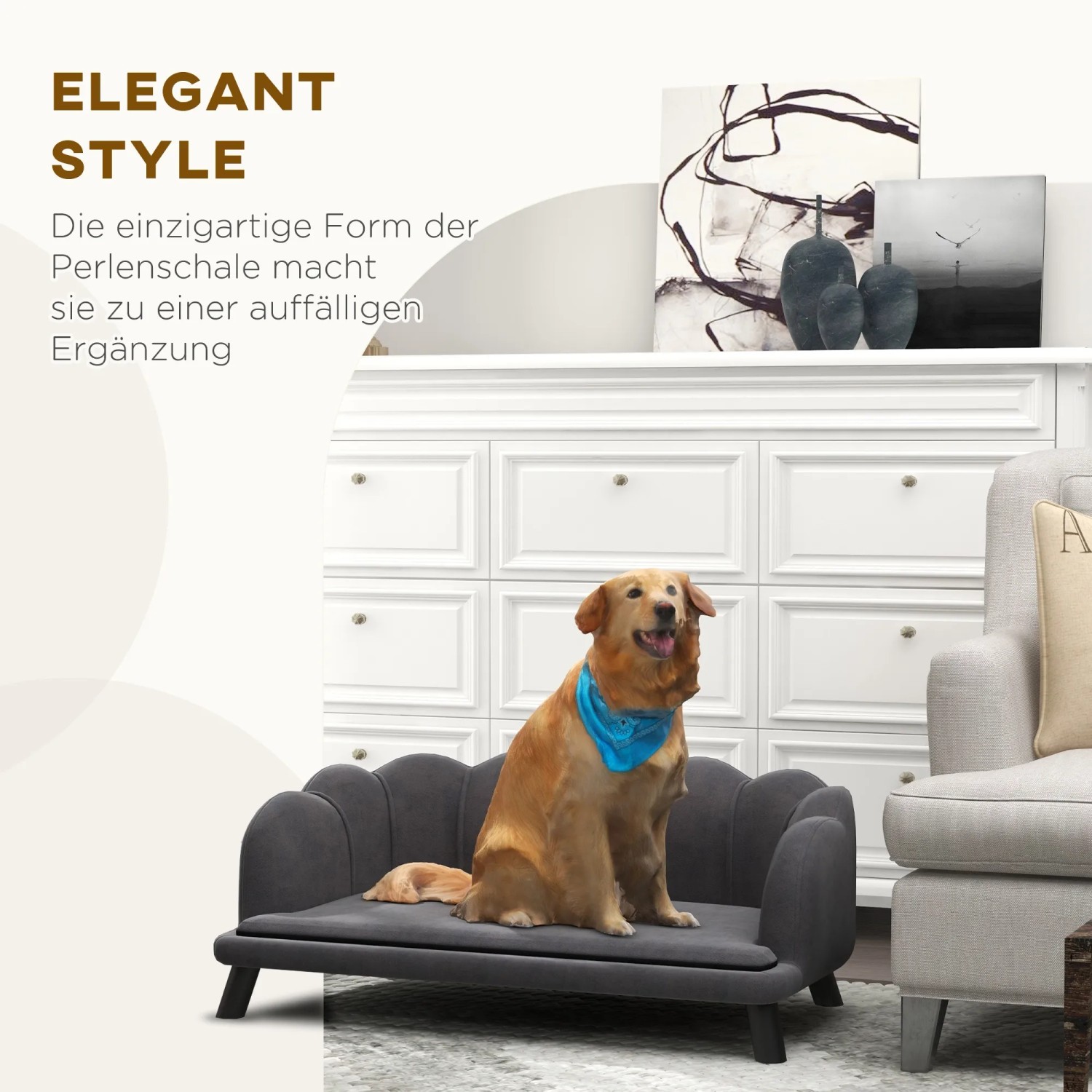 Graues PawHut Hundesofa mit Rückenlehne und Holzbeinen, geeignet für kleine Hunde.
