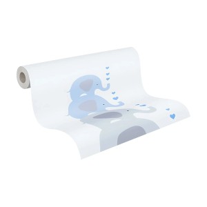 PROFHOME Kindertapete mit Tiermotiv (Elefanten) in Blau, Grau und Weiß.