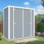 Graues Bertilo Holz-Gartenhaus Box 1 mit Doppeltür und Rhombusprofil im Garten.