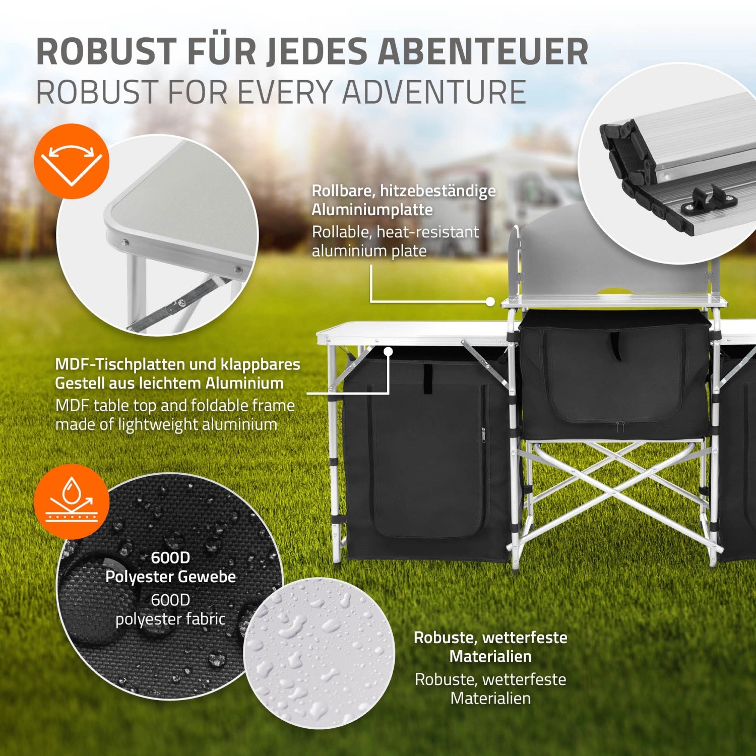 Hauki Camping Küche, faltbarer Campingschrank mit Stauraum und Windschutz, Aluminiumgestell.