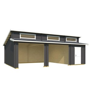 Carbongraue Doppelgarage Hawaii von Lasita, Holzgarage mit Flachdach, ohne Tore und mit Eingangstür.