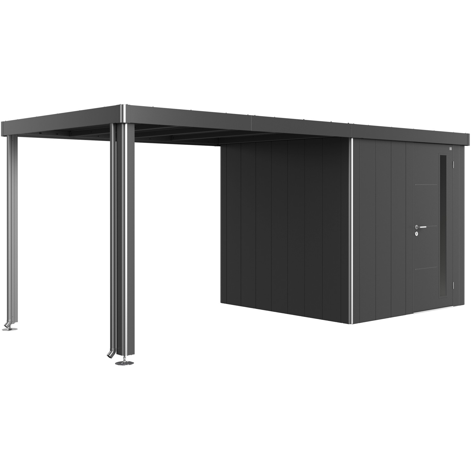 Biohort Seitendach in Dunkelgrau-Metallic für Gerätehaus Neo, mit Stützen und Regenfallrohren.