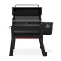 Weber Smoque XL Holzpelletgrill, schwarz, mit offenem Deckel und digitaler Steuerung.