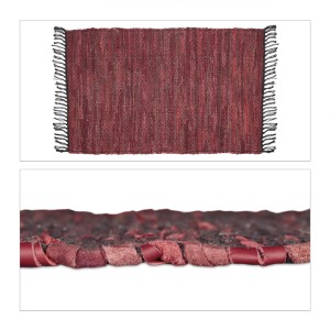 Relaxdays Flickenteppich Baumwolle Leder Bordeaux Rutschfest 60 cm x 100 cm