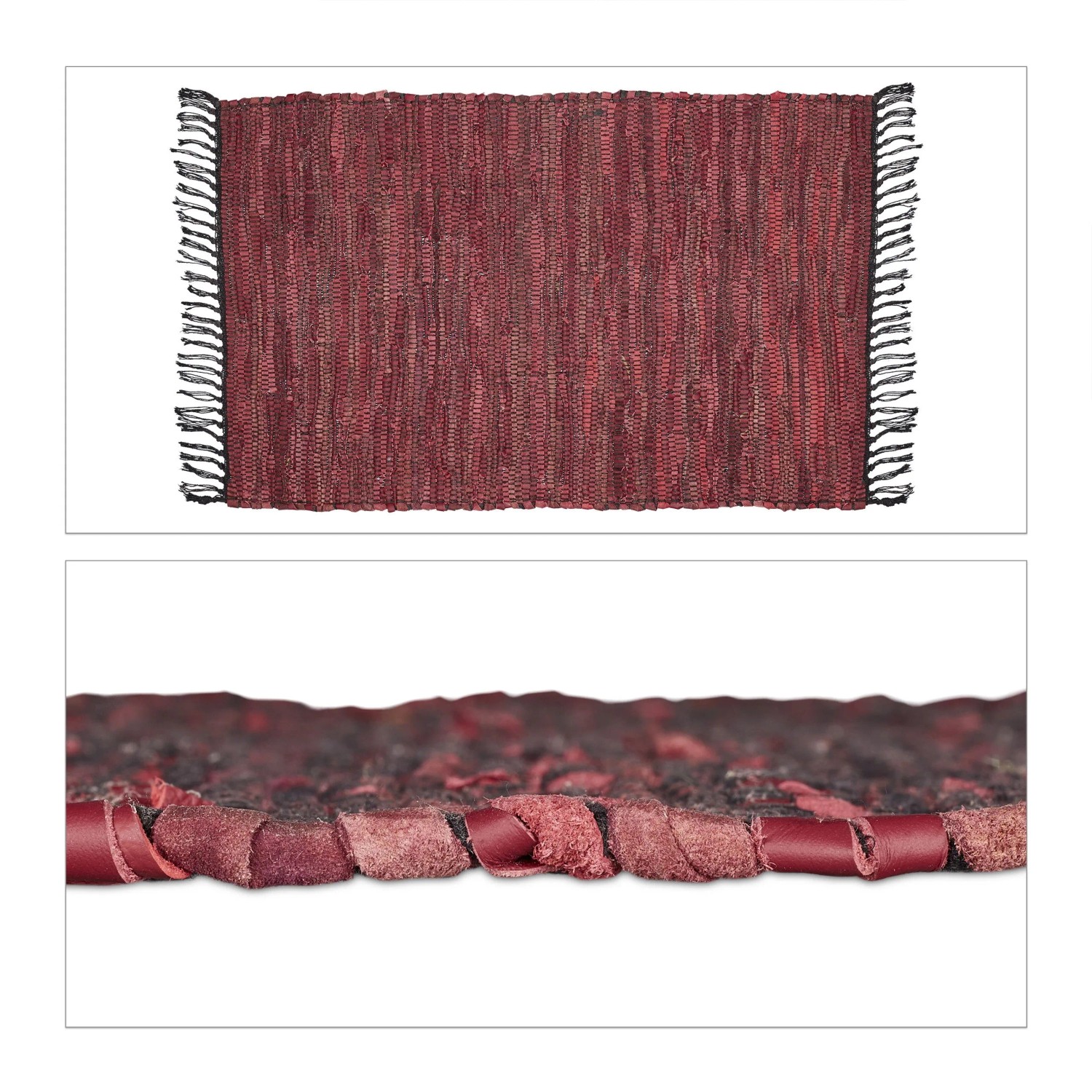 Relaxdays Flickenteppich Baumwolle Leder Bordeaux Rutschfest 60 cm x 100 cm