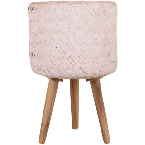 Weißer Pflanztopf aus Bambus mit Holzfüßen, ideal für den Innenbereich.