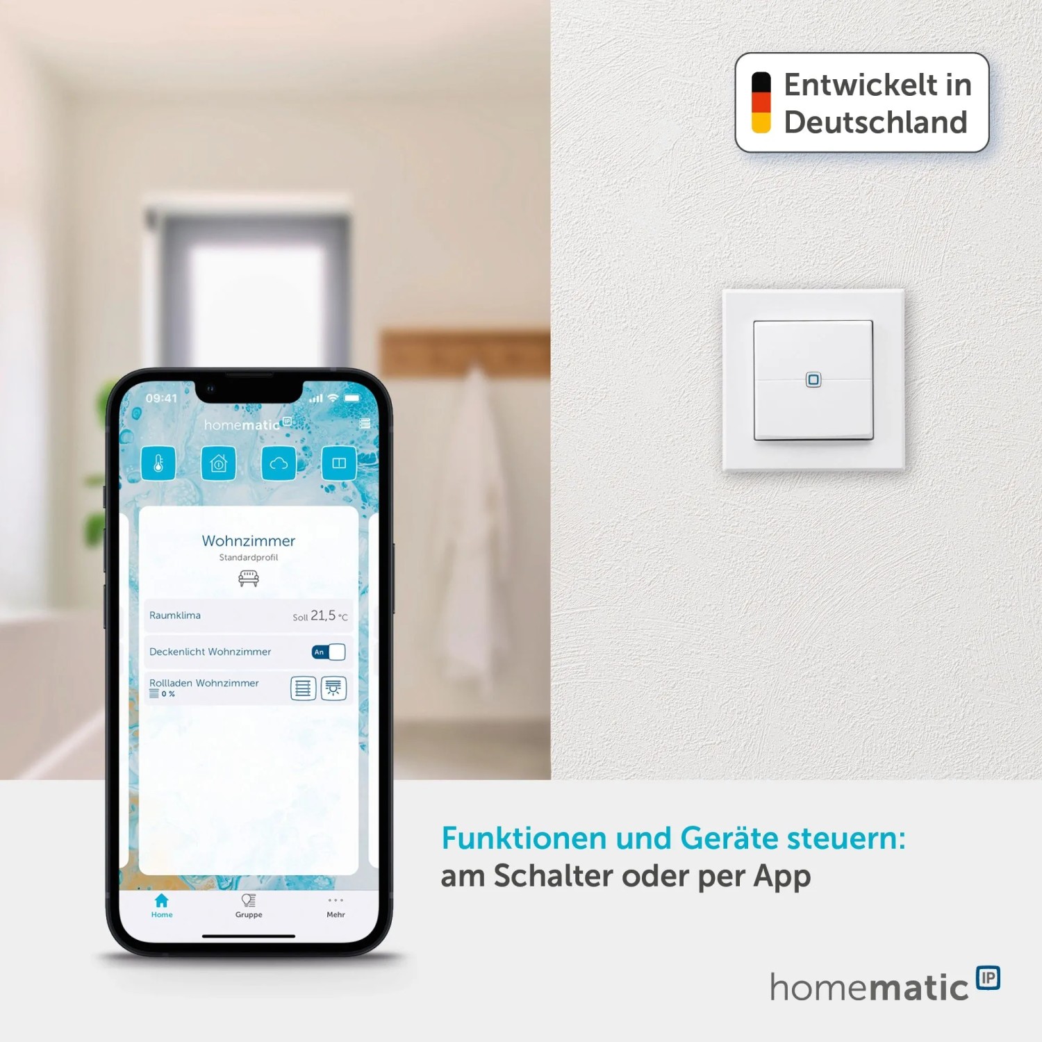 Homematic IP Wandtaster 2-fach und Smartphone mit App zur Smart Home Steuerung von Licht, Heizung und Raumklima.