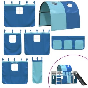 Blaues vidaXL Etagenbett mit Rutsche und Vorhängen, 80x200 cm. Das Set beinhaltet Vorhänge, Tunnel und Taschen.