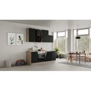 Flex-Well Küchenzeile Capri, 220 cm, Schwarz Matt und Endgrain Oak Dekor, mit E-Geräten.