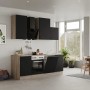 Flex-Well Küchenzeile Capri, 220 cm, Schwarz Matt und Endgrain Oak Dekor, mit E-Geräten.