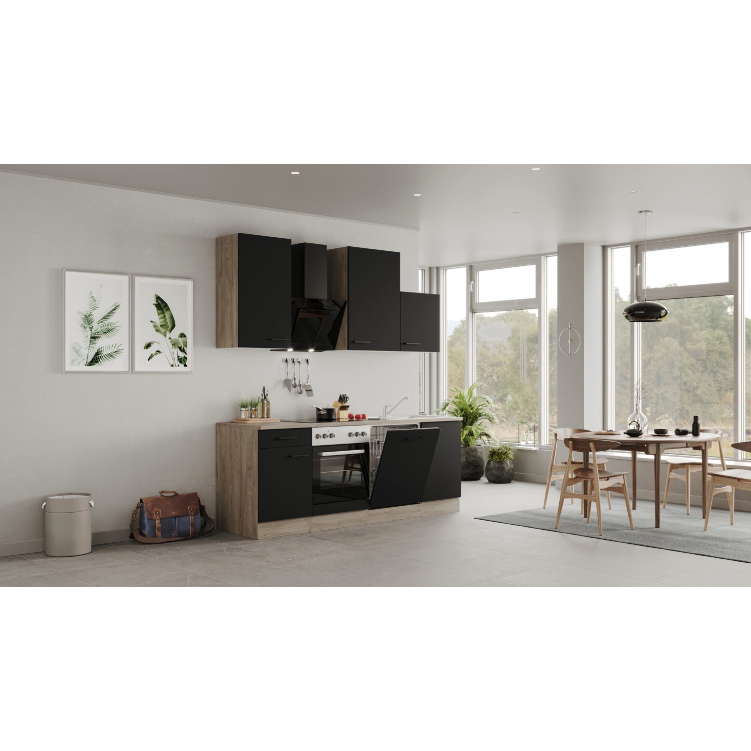 Flex-Well Exclusiv Küchenzeile/Küchenblock Capri 220 cm Schwarz Matt-Endgrain Oak