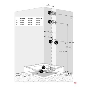 Installationsskizze AquaVapore Duschtempel D38-03R3 80x80 cm mit Maßangaben für Anschlüsse.