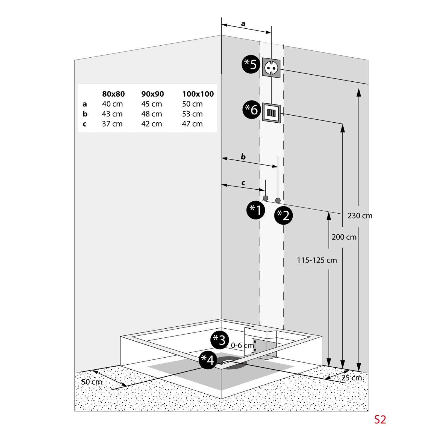 Installationsskizze AquaVapore Duschtempel D38-03R3 80x80 cm mit Maßangaben für Anschlüsse.