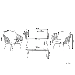 Beliani Sitzgruppe CORINTH II hellgrau, Gartenmöbel Set mit Sofa, Sesseln und Tisch, Maße