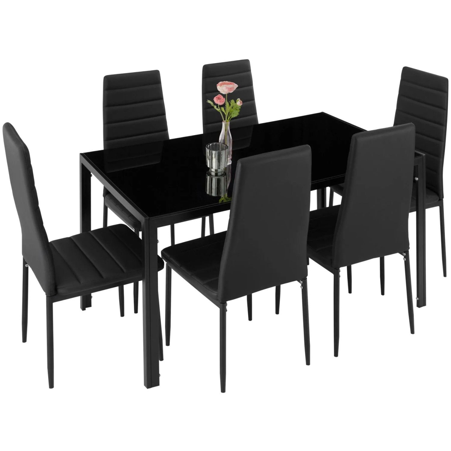 Tectake Esszimmergruppe Brandenburg 7 Teilig Esstisch Mit 6 Stühlen  150 x 90 x 98 cm Schwarz Schwarz