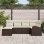 Braunes 6-teiliges Garten-Sofa-Set aus Polyrattan mit beigen Kissen.
