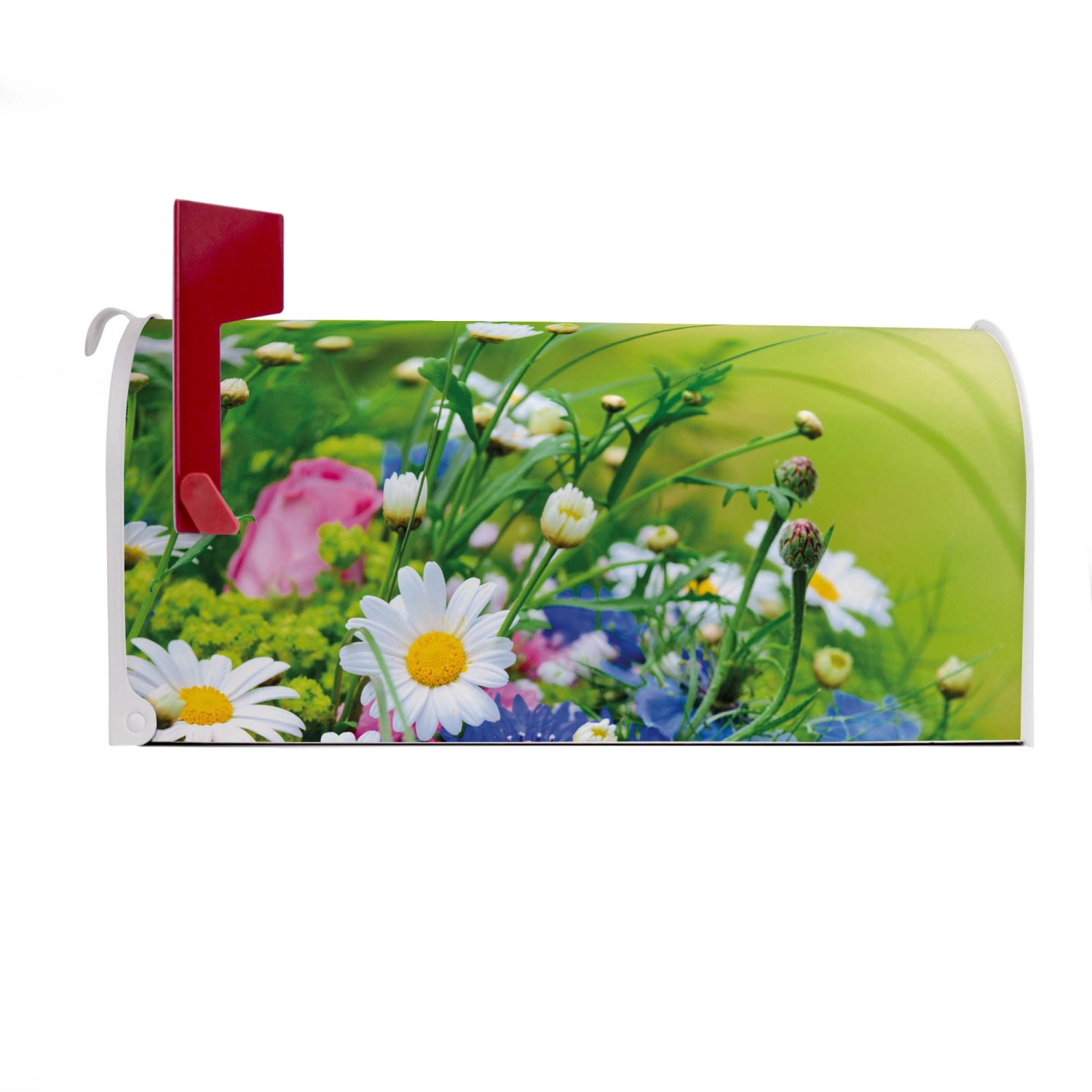 Weißer US Briefkasten mit Blumenmotiv. Amerikanischer Postkasten aus Stahl, pulverbeschichtet.