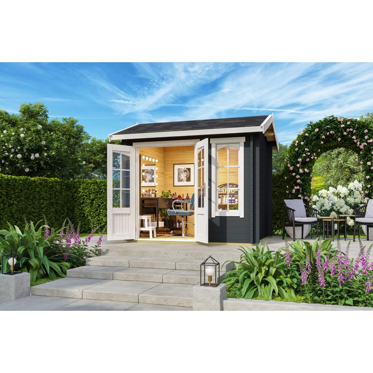 Lasita Holz-Gartenhaus Alex Mini Satteldach Carbongrau Lasiert 250 cm x 200 cm