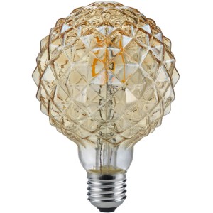 Trio E27 LED-Leuchtmittel in Globeform, 4W, warmweiß, goldfarbenes Glas mit Rautenmuster.