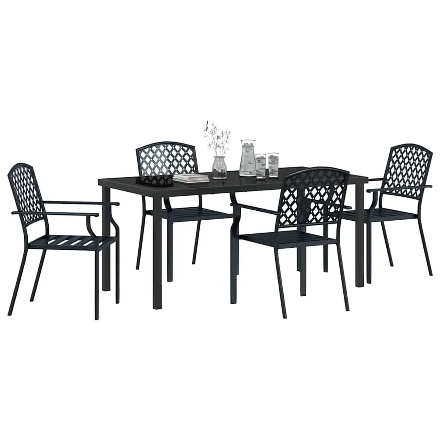 5-teiliges Garten Esszimmer Set aus Stahl in Anthrazit mit Tisch und vier Stühlen.