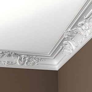 Weiße PROFHOME Eckleiste aus Polyurethan im Rokoko/Barock Stil als Deckenleiste.
