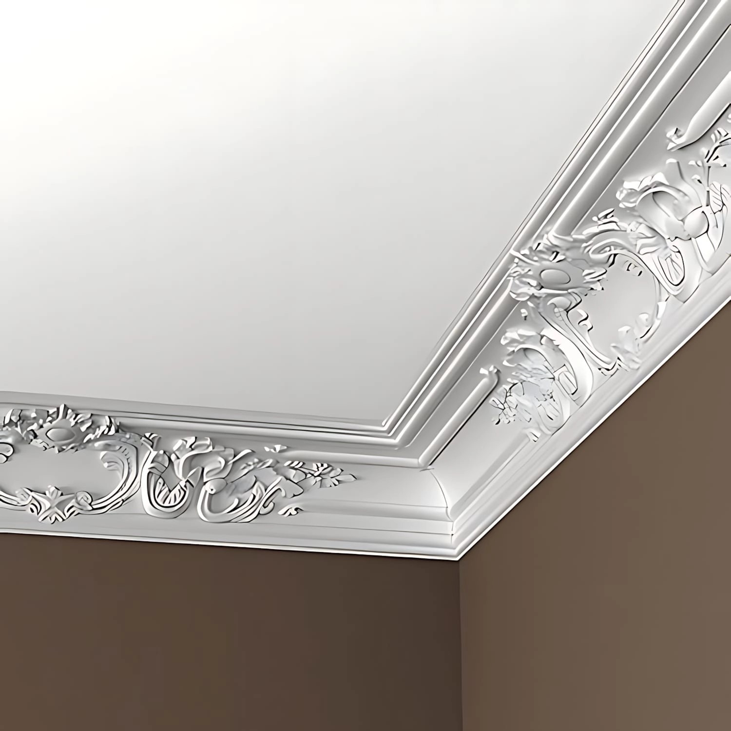 Weiße PROFHOME Eckleiste aus Polyurethan im Rokoko/Barock Stil als Deckenleiste.