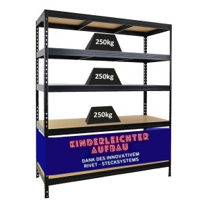 PROREGAL Schwerlastregal Rivet HxBxT 180x150x60 cm Fachlast 250kg Innovatives Stecksystem Schwarz