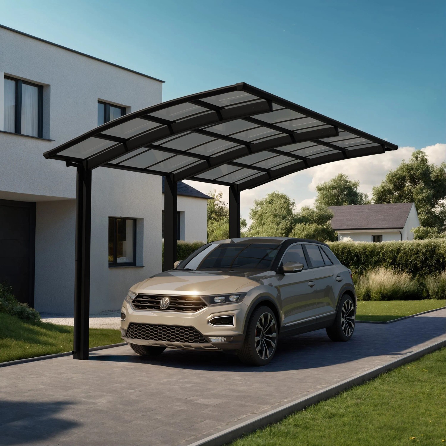 Schwarzer Ximax Alu Carport Portoforte XL mit Auto. Einzelcarport mit transparentem Dach.