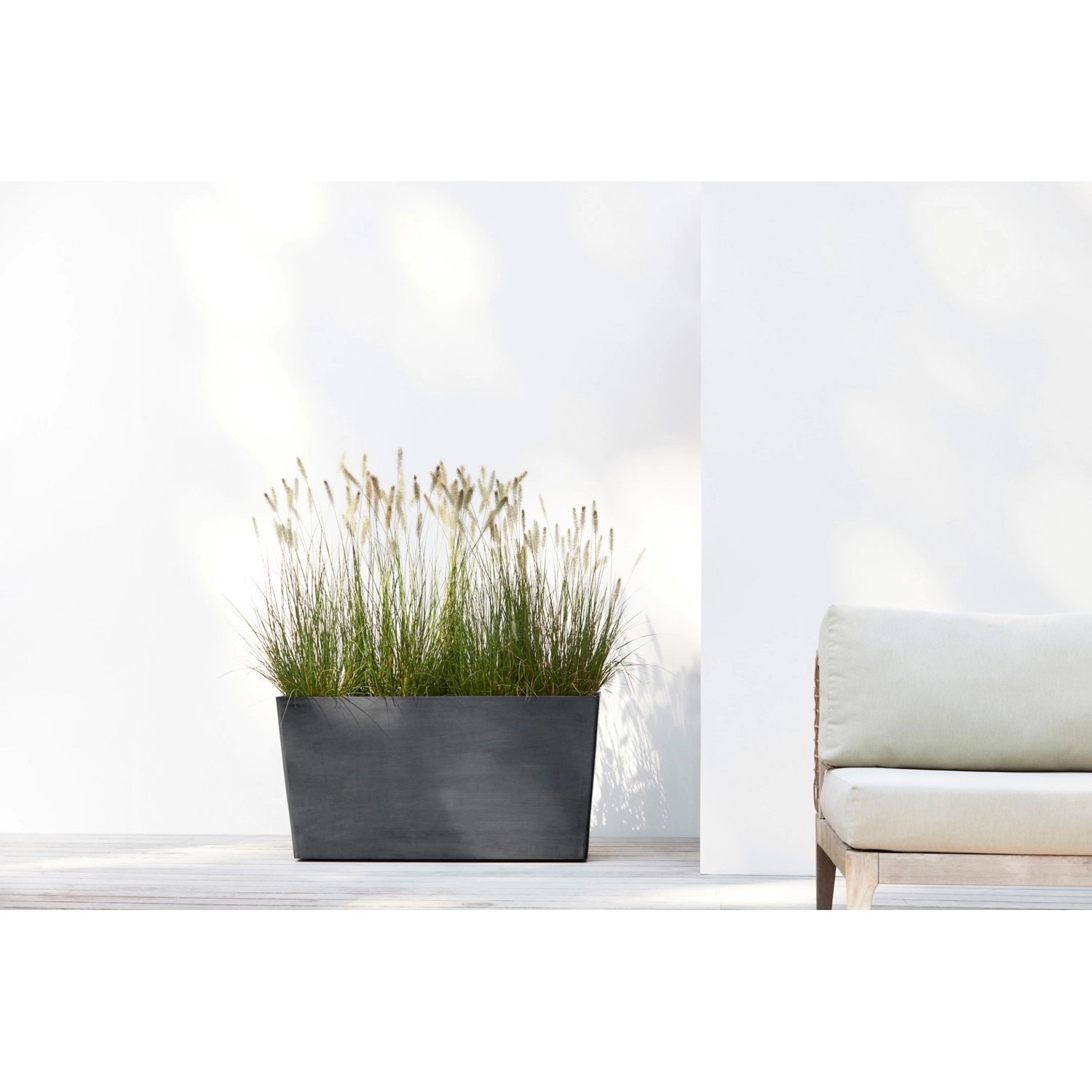 Dunkelgrauer Ecopots Pflanztopf Paris Rollen (100x40x51cm) mit Bepflanzung vor weißer Wand.