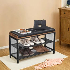 Songmics Schuhbank Dacey, schwarz-braun, mit Sitzkissen und 2 Gitterablagen für Schuhe.