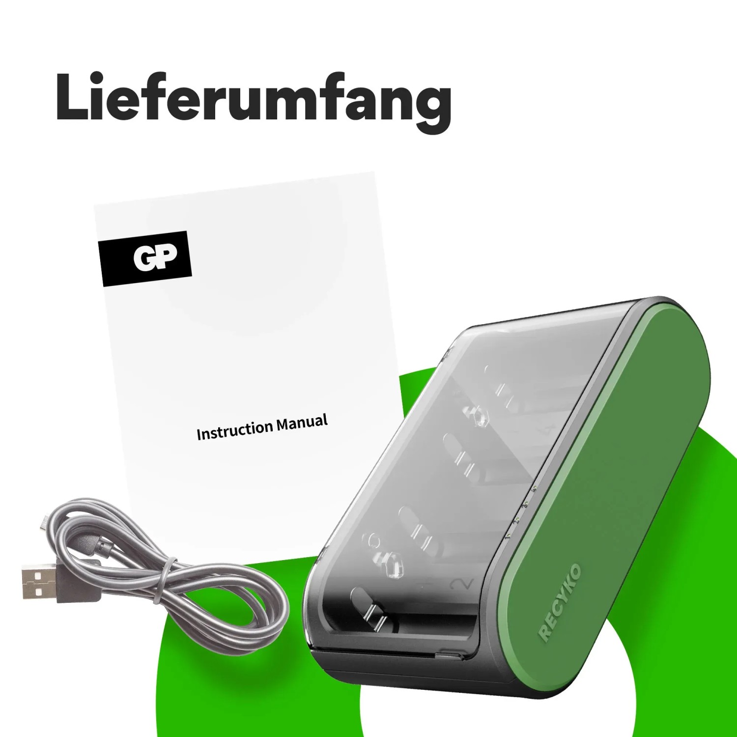 GP Akku-Ladegerät Universal B631 mit USB-Kabel und Anleitung. Kompaktes Ladegerät für AA, AAA, C, D und 9V Akkus.
