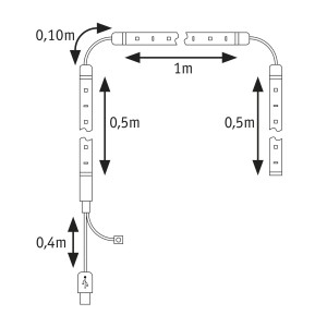 Skizze: Paulmann EntertainLED USB-LED-Streifen für 55-Zoll-Fernseher mit Maßangaben.