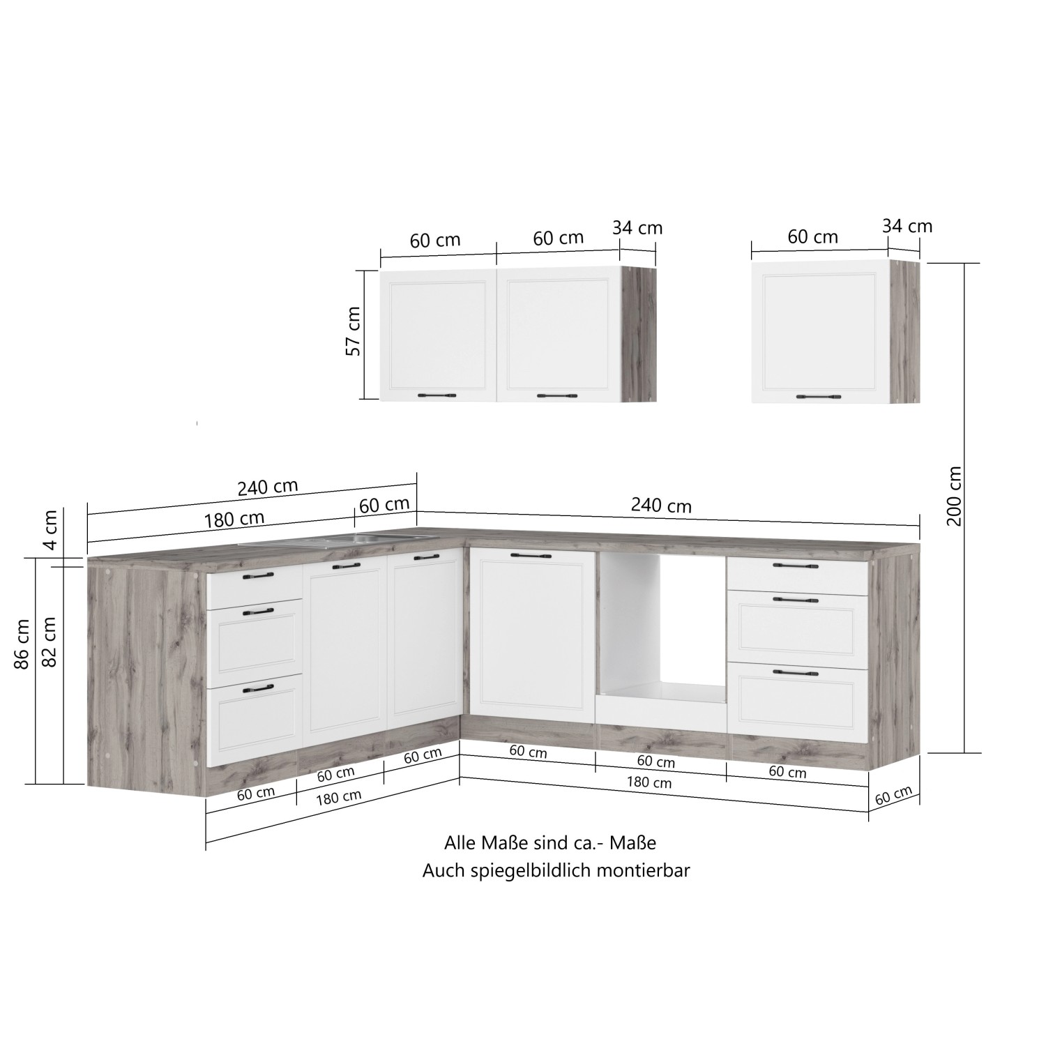 Held Winkelküche Kempten 240 cm, Wotan/Weiß, ohne E-Geräte, mit Maßangaben.