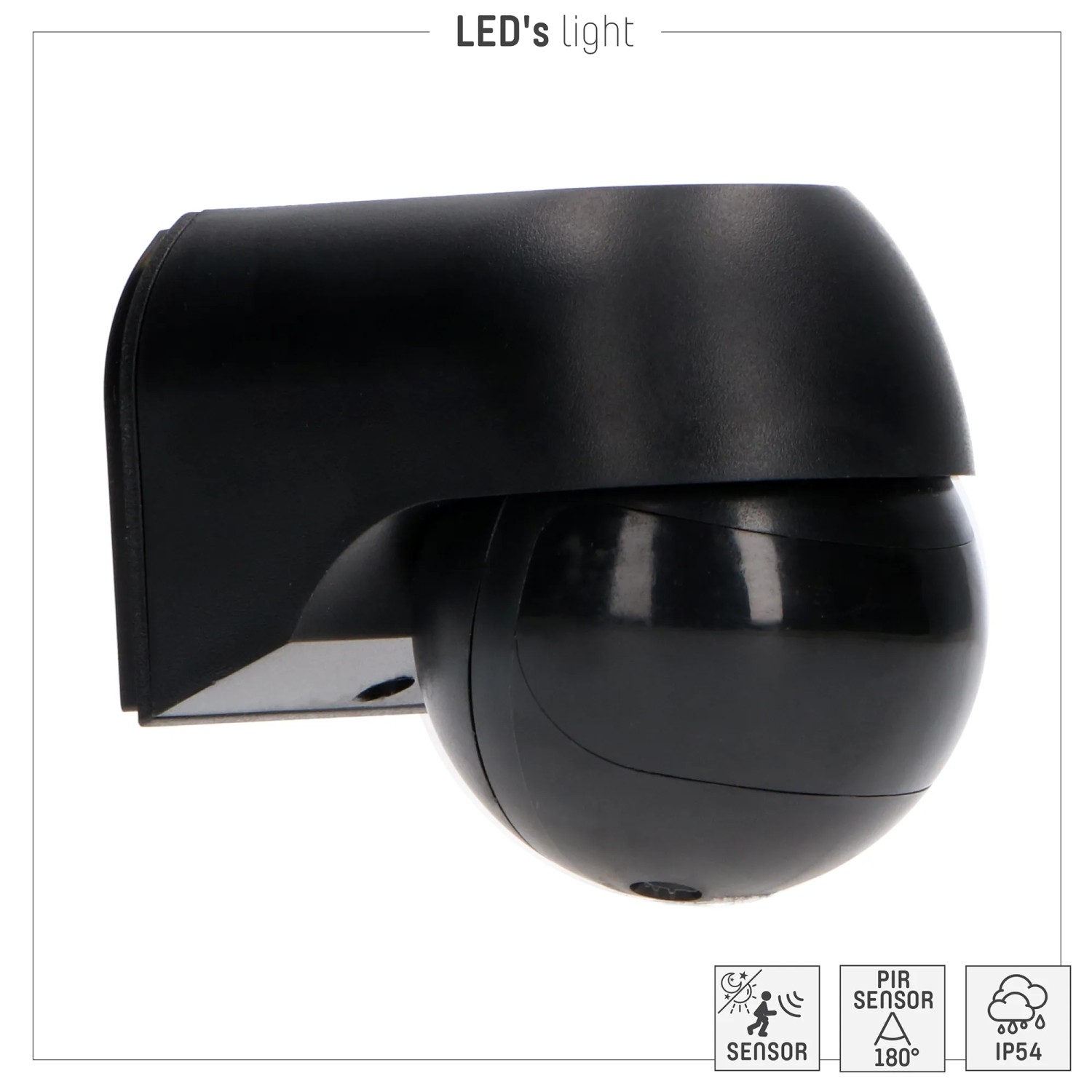 Schwarzer LED's light Aufputz-Bewegungsmelder 180° IP54 für Innen- und Außenbereich.