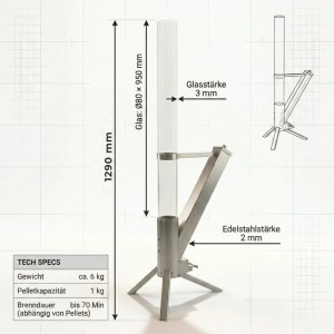 Albatros Pelletfackel aus Edelstahl mit Glasrohr, Rocket Stove für Holzpellets. Brenndauer bis zu 70 Minuten.