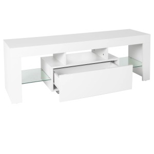 Weißes ML-Design TV Lowboard mit LED-Beleuchtung und Glasregal, 130 cm breit.