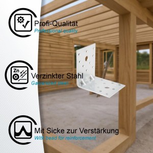 SOTECH Winkelverbinder 90 Grad aus verzinktem Stahl mit Sicken und Bohrlöchern für stabile Holzkonstruktionen.