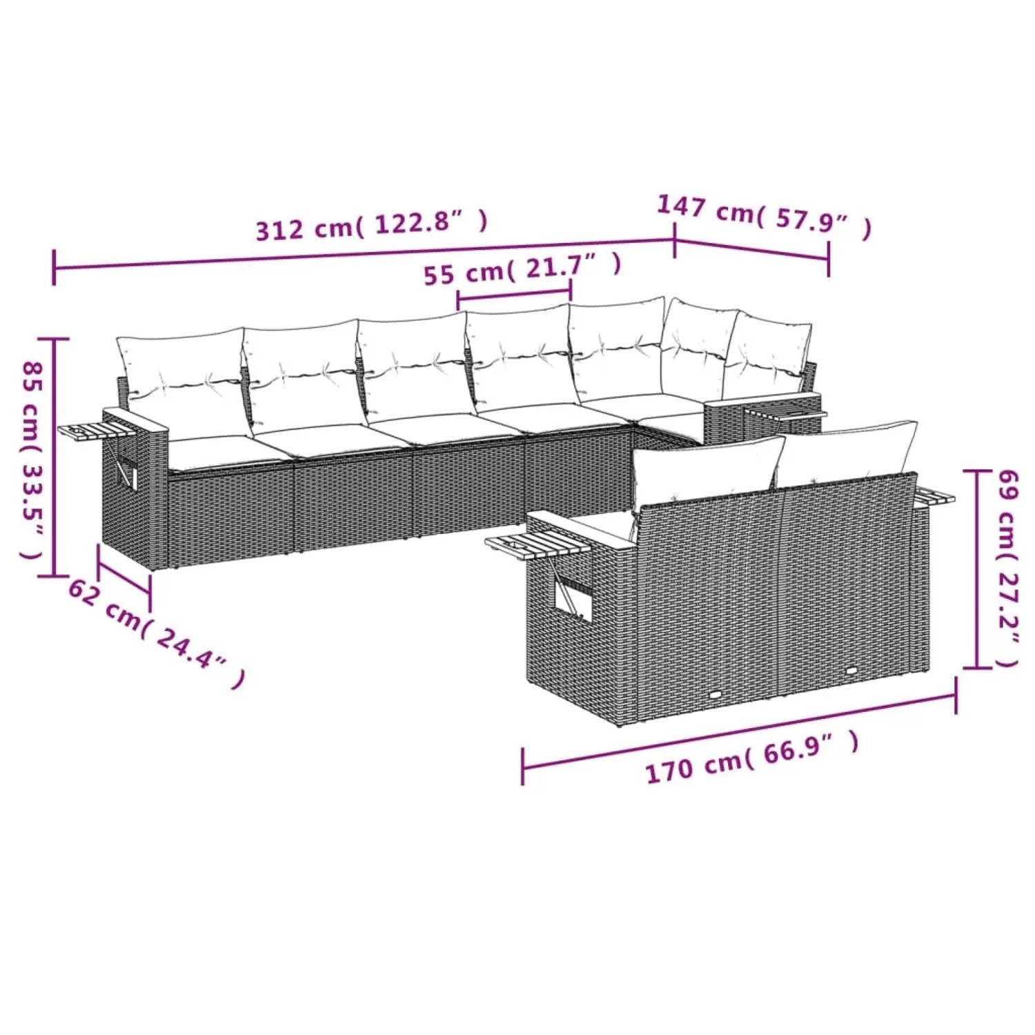Graue 8-tlg. vidaXL Garten-Sofagarnitur aus Polyrattan mit Kissen und Maßen.