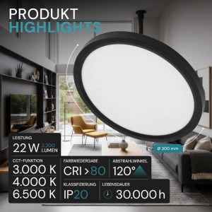 Runde, schwarze LUXULA LED Panel Deckenleuchte, 30cm, mit neutralweißem Licht in modernem Wohnraum.