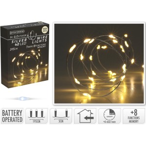 Silberdraht-Lichterkette mit 40 warmweißen LEDs für Innen und Außen, batteriebetrieben.